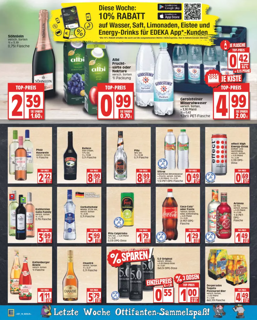 Aktueller Prospekt Edeka - Angebote der Woche - von 25.07 bis 30.07.2022 - strona 18 - produkty: aktionspreis, Alwa, ball, bier, bowle, burger, caipirinha, coca-cola, cola, deka, desperados, drink, drinks, Effect, eis, eistee, fanta, flasche, frucht, gallo, gallo family, gerolsteine, gerolsteiner, gin, Gorbatschow, ice tea, irish cream, katlenburger, limo, limonade, limonaden, mineralwasser, natürliches mineralwasser, Nektar, pet-flasche, reis, saft, säfte, söhnlein, steiner, tee, tequila, Ti, vitrex, wasser, wein, wodka, ZTE