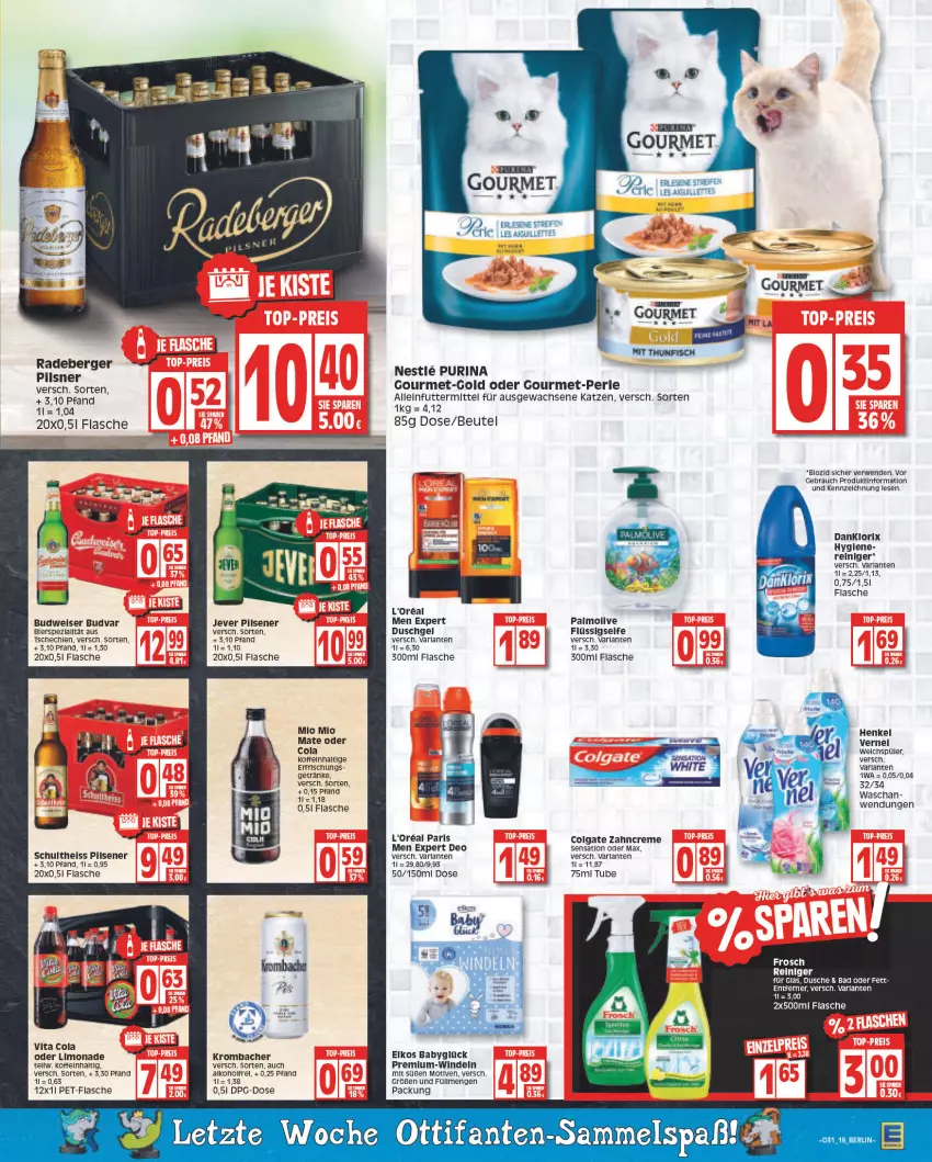 Aktueller Prospekt Edeka - Angebote der Woche - von 25.07 bis 30.07.2022 - strona 19 - produkty: alkohol, alleinfuttermittel, arla, Bad, Berger, beutel, bio, budweiser, cola, colgate, creme, danklorix, deo, dusche, duschgel, eis, elkos, flasche, Frosch, getränk, getränke, henkel, jever, jever pilsener, krombache, krombacher, l'oreal, LG, limo, limonade, Mio Mio, olive, palmolive, pet-flasche, pils, pilsener, pilsner, purina, radeberger, Rauch, reiniger, rel, rwe, tee, Ti, vernel, vita, Vita C, windeln, zahncreme