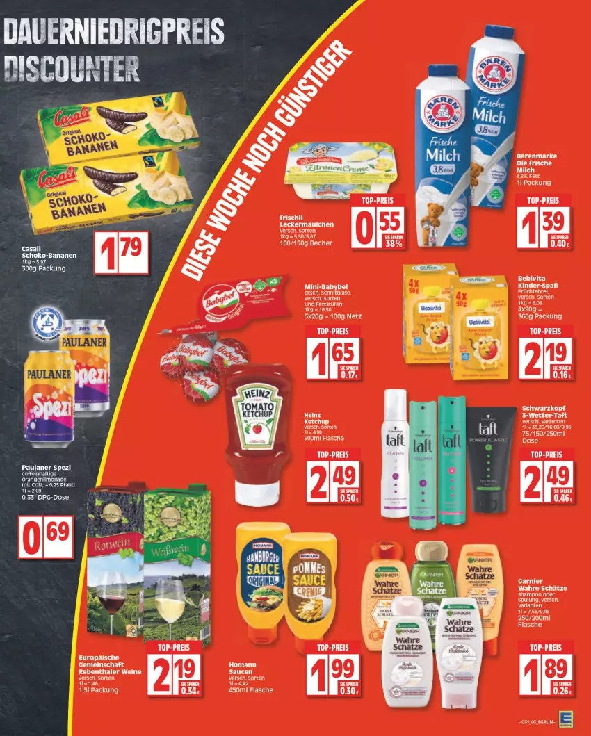 Aktueller Prospekt Edeka - Angebote der Woche - von 25.07 bis 30.07.2022 - strona 3 - produkty: arla, auer, banane, bananen, bebivita, Becher, Brei, Casali, coffein, cola, discount, eis, flasche, frische milch, früchte, garnier, homann, ketchup, Kinder, leckermäulchen, limo, limonade, milch, orange, orangen, Paula, paulaner, reis, schoko, schwarzkop, schwarzkopf, shampoo, shampoo oder spülung, Spezi, spülung, Taft, tee, Ti, top-preis, vita, Wahre Schätze