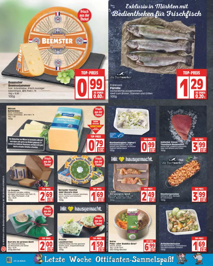 Aktueller Prospekt Edeka - Angebote der Woche - von 25.07 bis 30.07.2022 - strona 6 - produkty: angebot, Artischocken, bavaria blu, Becher, Beemster, bergader, braten, Buddha, Burrata, butter, butterkäse, champignon, champignons, eis, elle, ente, fisch, forelle, frischkäse, grill, gurke, gurken, hartkäse, hering, Herings, HP, ideal zum braten, joghur, joghurt, Käse, küche, Küchen, lachs, mac, milram, mozzarella, Nordsee, nuss, Räucherlachs, reis, rel, Ria, ring, sahne, salat, sauce, schnittkäse, schweizer hartkäse, Sushi, tee, terrine, Ti, tisch, tomate, tomaten, top-preis, weichkäse, zitrone, zitronen, zwiebel, zwiebeln