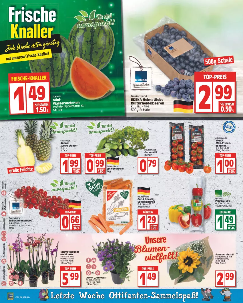 Aktueller Prospekt Edeka - Angebote der Woche - von 25.07 bis 30.07.2022 - strona 8 - produkty: ananas, beere, beeren, beutel, bio, blume, Blüte, deka, edeka bio, eis, fleisch, gurke, gurken, heidelbeere, heidelbeeren, Heu, kirsch, kirsche, kirschen, melone, melonen, Mett, orchidee, orchideen, paprika, Schal, Schale, Schmetterling, sonnenblume, Ti, tomate, tomaten, topf, wasser, wassermelone, wassermelonen