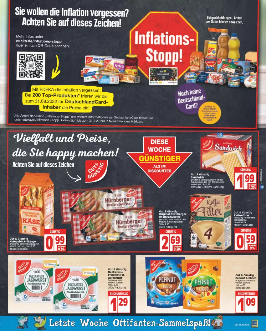 Aktueller Prospekt Edeka - Angebote der Woche - von 25.07 bis 30.07.2022 - strona 9 - produkty: aufschnitt, Berger, beutel, bourbon, creme, deka, dell, deutschlandcard, discount, elle, gin, Hefe, jagdwurst, nürnberger, pfanne, sahne, salz, sandwich, schlagsahne, spitzenqualität, Ti, wurst