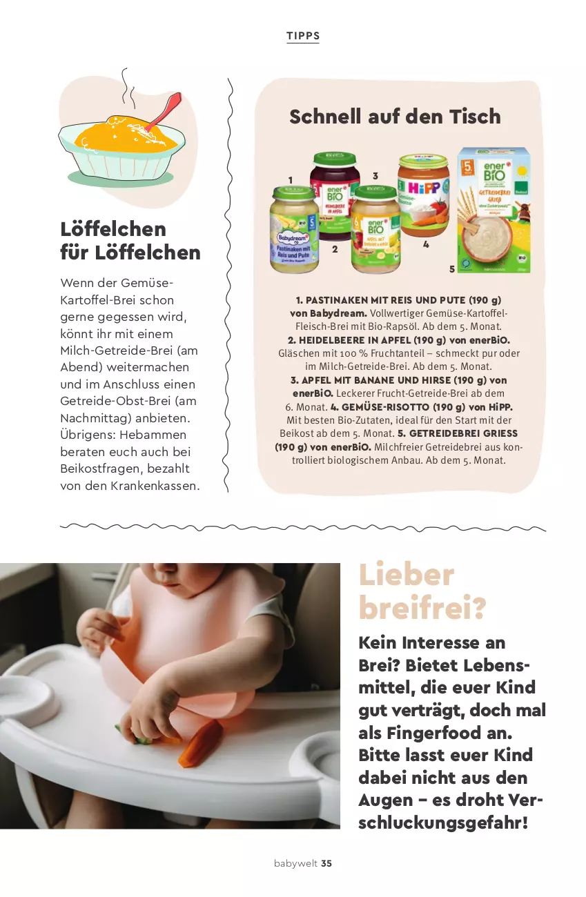 Aktueller Prospekt Rossmann - Prospekte - von 01.03.2019 bis 31.08.2020 - strona 35 - produkty: apfel, asti, babydream, banane, Bau, beere, bio, Brei, eier, eis, fleisch, frucht, Getreide-Brei, heidelbeere, hipp, kartoffel, lebensmittel, Löffel, mac, milch, obst, pute, rapsöl, reis, risotto, Ti, tisch, trolli