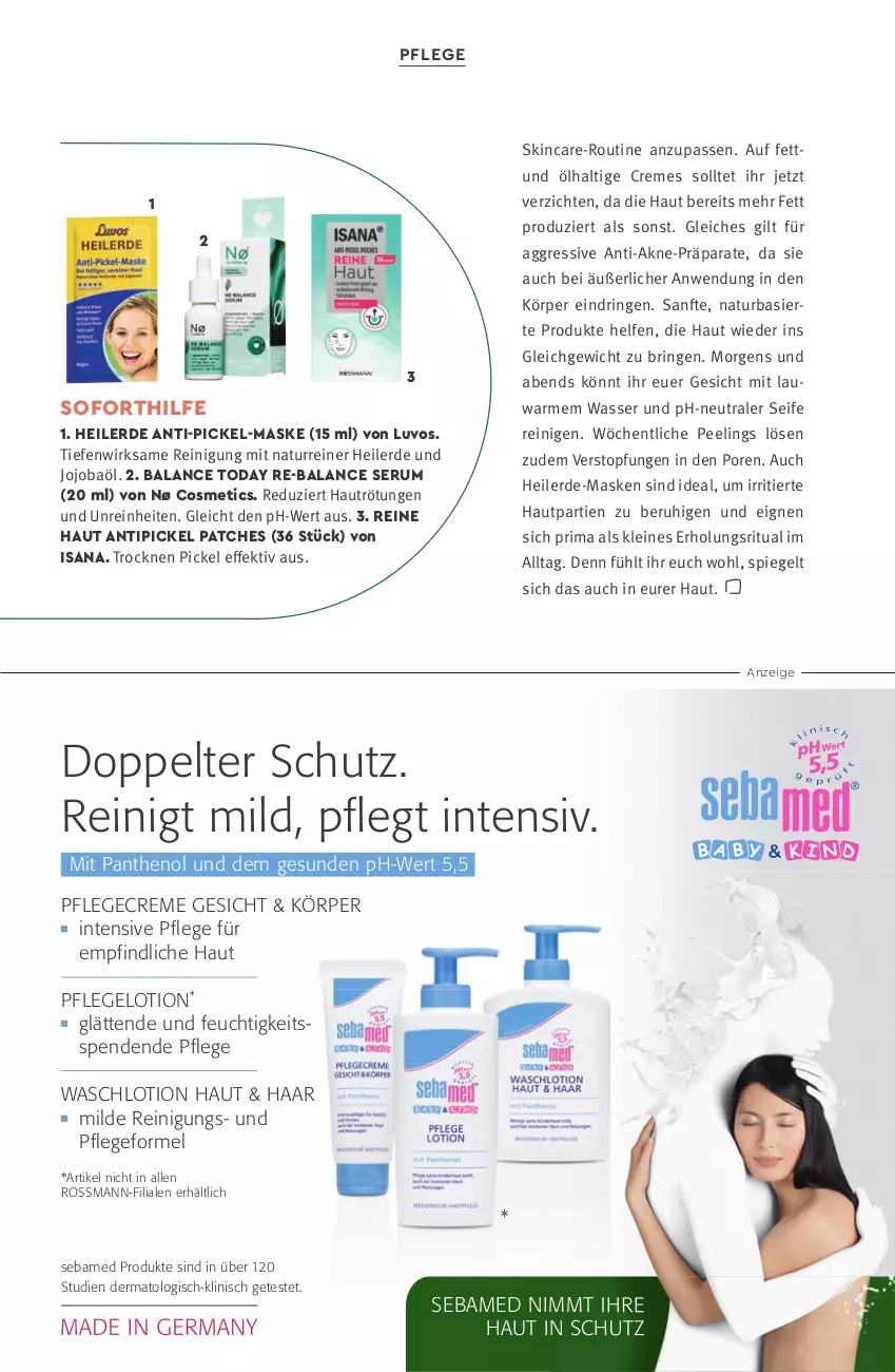 Aktueller Prospekt Rossmann - Prospekte - von 01.03.2019 bis 31.08.2020 - strona 48 - produkty: creme, erde, isana, leine, Lotion, Maske, natur, Panthenol, Peeling, Pflegecreme, Reinigung, ring, rum, sana, sebamed, Seife, Serum, spiegel, Ti, Tipi, topf, Waschlotion, wasser