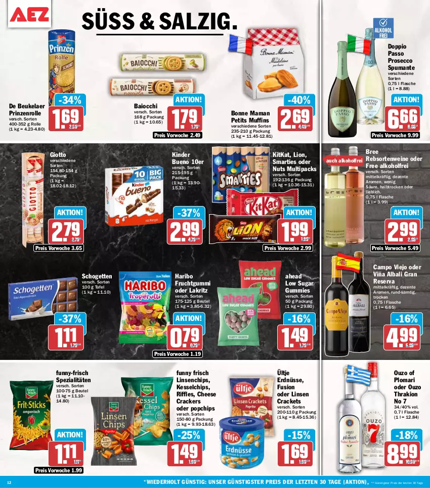 Aktueller Prospekt Aez - Prospekte - von 26.05 bis 30.05.2026 - strona 12 - produkty: alkohol, beutel, bonne maman, bree, campo viejo, chips, cracker, de beukelaer, doppio passo, ecco, eis, ente, erdnüsse, flasche, frucht, fruchtgummi, Funny Frisch, funny-frisch, giotto, haribo, Kinder, kinder bueno, kitkat, Lakritz, linsen, lion, mam, Muffin, muffins, oder lakritz, ouzo, passo, prinzenrolle, prosecco, puma, rebsortenweine, reis, salz, schogetten, smarties, Spezi, spumante, Ti, ültje, ültje erdnüsse, wein, weine, ZTE