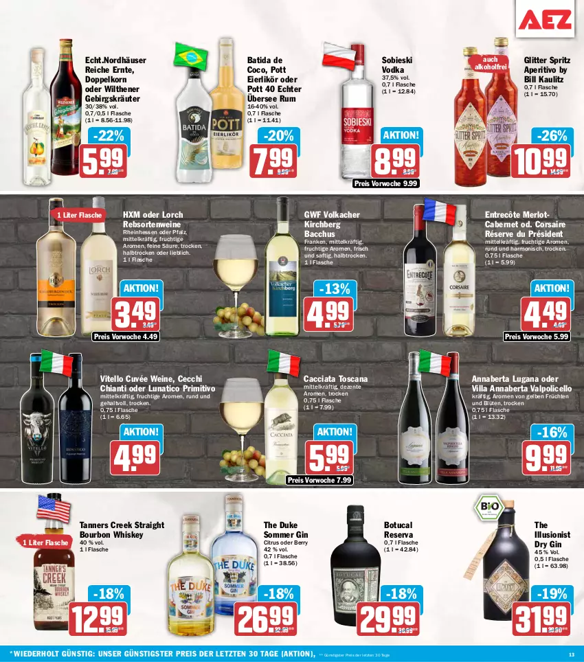 Aktueller Prospekt Aez - Prospekte - von 26.05 bis 30.05.2026 - strona 13 - produkty: ACC, alkohol, batida, Blüte, bourbon, bourbon whiskey, cabernet, chia, chianti, citrus, Corsaire, cuvée, doppelkorn, dry gin, eier, eierlikör, eis, ente, entrecôte, flasche, frucht, früchte, früchten, gin, korn, kräuter, likör, merl, merlot, primitivo, rebsortenweine, reis, rum, saft, Ti, tuc, vodka, wein, weine, whiskey, wilthener, ZTE