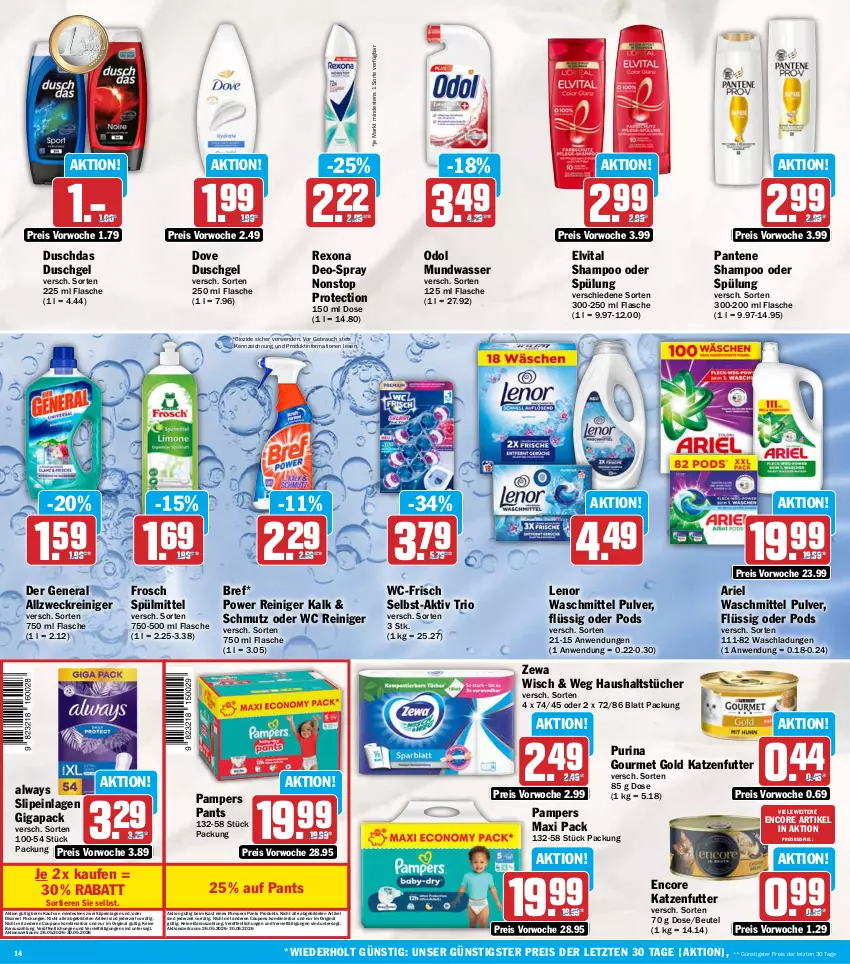 Aktueller Prospekt Aez - Prospekte - von 26.05 bis 30.05.2026 - strona 14 - produkty: allzweckreiniger, Alwa, Always, ariel, ariel waschmittel, beutel, bio, Bref, coupon, coupons, deo, Discreet, dove, duschdas, duschgel, eis, elvital, flasche, Frosch, gin, gourmet gold, haushaltstücher, katzenfutter, lenor, lenor waschmittel, mundwasser, Odol, pampers, pantene, Pants, Pods, purina, Rauch, reiniger, reis, rexona, rwe, shampoo, shampoo oder spülung, slip, slipeinlagen, spülmittel, spülung, Ti, Tiere, tücher, vita, waschmittel, wasser, weck, zewa, ZTE