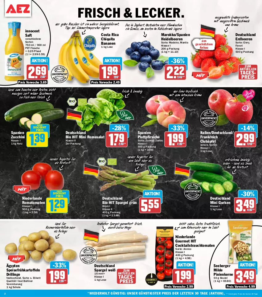 Aktueller Prospekt Aez - Prospekte - von 26.05 bis 30.05.2026 - strona 2 - produkty: auer, banane, bananen, Bau, beere, beeren, Berger, berliner, beutel, bio, bio hit, braten, brot, chiquita, cocktail, cocktails, deutscher spargel, discount, eis, elle, erdbeere, erdbeeren, fisch, flasche, fleisch, frucht, fruchtfleisch, Frühkartoffeln, gurke, gurken, heidelbeere, heidelbeeren, ilag, Innocent, joghur, joghurt, kartoffel, kartoffeln, kuchen, kühlschrank, mac, nuss, obst, Pfannkuchen, pfirsich, pfirsiche, pinienkerne, plattpfirsiche, Rauch, reis, Romatomaten, rosmarin, saft, salat, salate, Schal, Schale, Schrank, seeberger, snack, spargel, spargel grün, speisefrühkartoffeln, strauchtomaten, Ti, tomate, tomaten, ZTE, zucchini