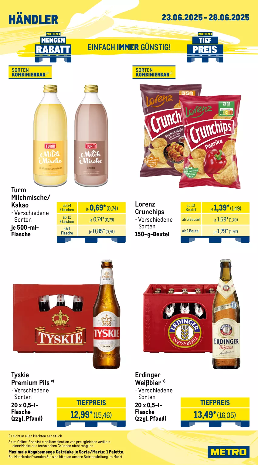 Aktueller Prospekt Metro - Wochen-Angebote Händler - von 23.06 bis 28.06.2025 - strona 5 - produkty: beutel, bier, chips, crunchips, eis, erdinger, flasche, getränk, getränke, kakao, lorenz, lorenz crunchips, milch, Palette, pils, premium pils, reis, Ti, tiefpreis, tyskie