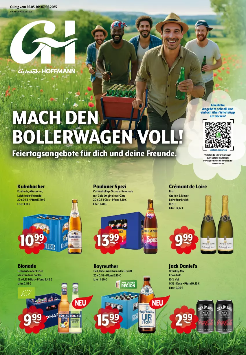 Aktueller Prospekt Getraenke Hoffmann - Prospekte - von 26.05 bis 07.06.2025 - strona 1 - produkty: alkohol, angebot, angebote, bier, bio, bionade, bollerwagen, brut, coca-cola, coffein, cola, crémant de loire, decke, eier, eis, eistee, gin, Hefe, jack daniel, Jack Daniel’s, limo, limonade, mac, orange, orangen, Paula, paulaner, Spezi, tee, Ti, weissbier, whiskey