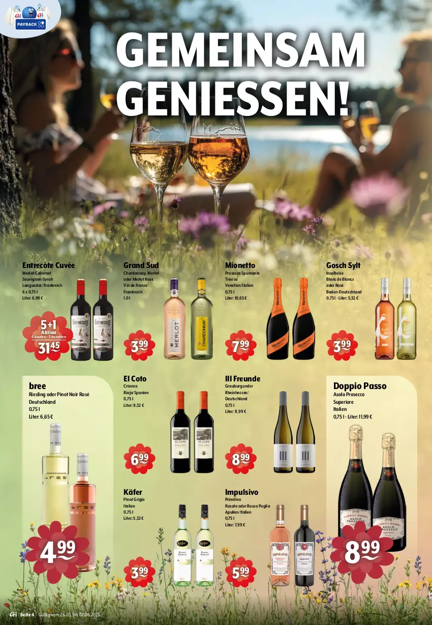 Aktueller Prospekt Getraenke Hoffmann - Prospekte - von 26.05 bis 07.06.2025 - strona 4 - produkty: Bad, bree, burgunder, cabernet, cabernet sauvignon, chardonnay, cuvée, de blancs, doppio passo, ecco, entrecôte, grand sud, grauburgunder, käfer, merl, merlot, mionetto, passo, Pinot, pinot grigio, pinot noir, primitivo, prosecco, puma, Ria, riesling, rioja, rosato, sauvignon, spumante, Ti, vin de france