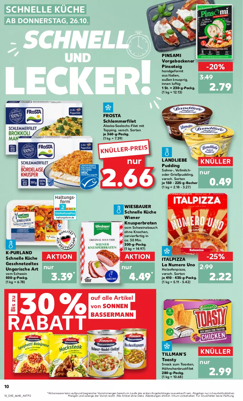 Aktueller Prospekt Kaufland - Prospekt - von 26.10 bis 01.11.2023 - strona 10 - produkty: Alaska-Seelachs, angebot, auer, Bau, Bauer, Becher, braten, brustfilet, eis, elle, filet, frosta, geback, geschnetzeltes, Grießpudding, hähnchenbrust, hähnchenbrustfilet, Holz, küche, lachs, landliebe, milch, Ofen, pizza, pudding, purland, sahne, schlemmerfilet, schwein, schweine, Schweinebauch, snack, Ti, Tillman's, toast, toasty, vollmilch, wein, weine, wiener, wiesbauer, Zelt, ZTE