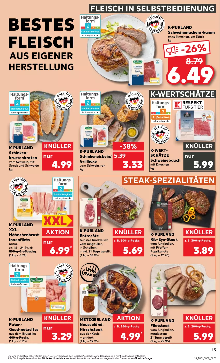 Aktueller Prospekt Kaufland - Prospekt - von 26.10 bis 01.11.2023 - strona 15 - produkty: angebot, angebote, axe, Bau, besteck, braten, brustfilet, eis, elle, entrecôte, filet, filets, fleisch, fleisch in selbstbedienung, geschirr, geschnetzeltes, grill, grillhaxe, hähnchenbrust, Haxe, ilag, jungbullen, krustenbraten, natur, paprika, pfeffer, purland, pute, Putengeschnetzeltes, rind, rindfleisch, schinken, schwein, schweine, Schweinebauch, schweinenacken, Speck, Spezi, steak, teller, Ti, wein, weine, Zelt