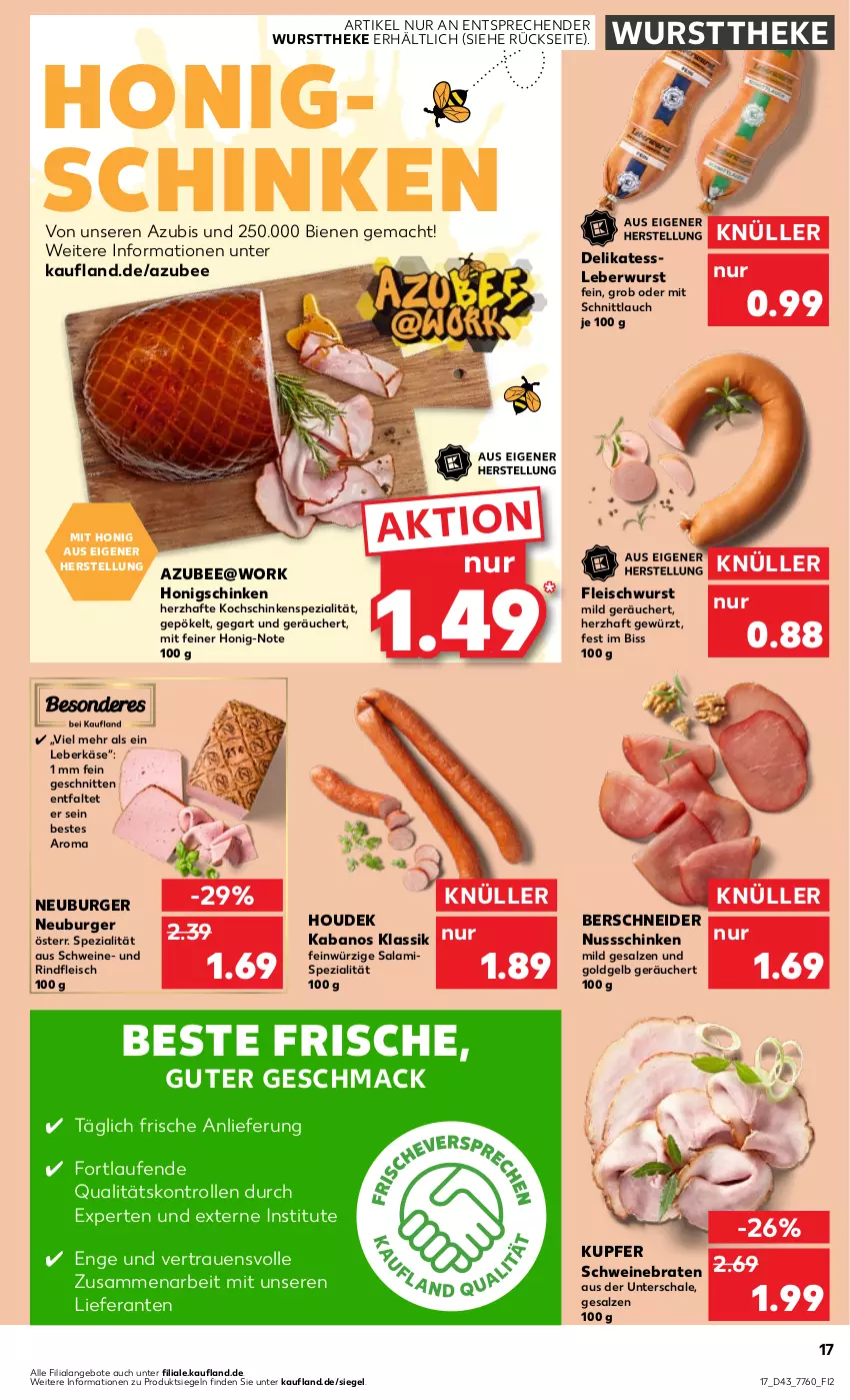 Aktueller Prospekt Kaufland - Prospekt - von 26.10 bis 01.11.2023 - strona 17 - produkty: angebot, angebote, braten, burger, eis, fleisch, fleischwurst, gewürz, honig, houdek, kabanos, Käse, kochschinken, Laufen, leberkäs, leberkäse, leberwurst, mac, Neuburger, nuss, rind, rindfleisch, salami, salz, Schal, Schale, schinken, schnitten, schnittlauch, schwein, schweine, schweinebraten, Spezi, Ti, wein, weine, wurst, wursttheke