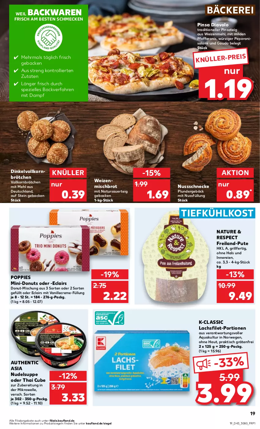 Aktueller Prospekt Kaufland - Prospekt - von 26.10 bis 01.11.2023 - strona 19 - produkty: angebot, angebote, aqua, auer, backwaren, brot, brötchen, creme, Donut, donuts, eis, elle, filet, geback, gouda, grill, korn, lachs, lachsfilet, mehl, mikrowelle, natur, nudel, nuss, Nussschnecke, peperoni, Peroni, pfeffer, Pfefferoni, Plunder, Popp, pute, rwe, salami, Spezi, suppe, Ti, tiefkühlkost, tisch, trolli, vanille, weizenmehl, weizenmischbrot