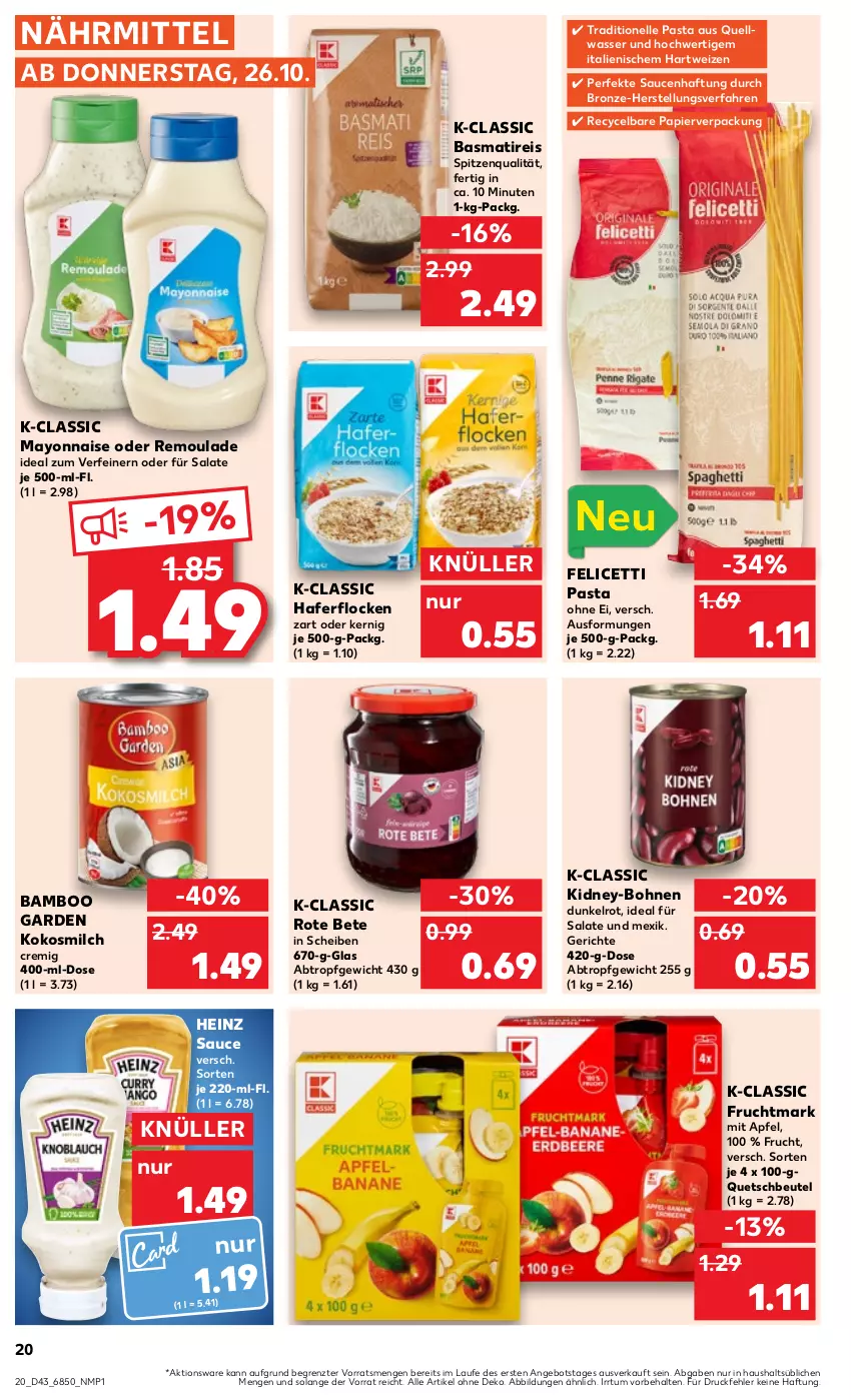 Aktueller Prospekt Kaufland - Prospekt - von 26.10 bis 01.11.2023 - strona 20 - produkty: angebot, apfel, bamboo, basmati, beutel, bohne, bohnen, eis, elle, frucht, Fruchtmark, hafer, haferflocken, hartweizen, heinz, kidney, kokos, kokosmilch, mayonnaise, milch, papier, pasta, quetschbeutel, reis, remoulade, rote bete, salat, salate, sauce, saucen, spitzenqualität, Ti, wasser, Yo, ZTE