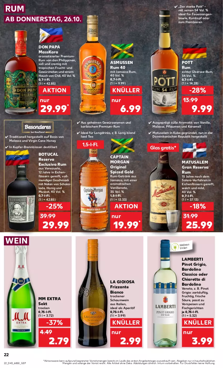 Aktueller Prospekt Kaufland - Prospekt - von 26.10 bis 01.11.2023 - strona 22 - produkty: Amber, angebot, aperitif, bier, Biere, bowle, Cap, captain morgan, chia, chili, classico, drink, drinks, eis, fisch, frizzante, frucht, getränk, gewürz, gin, honig, karamell, La Gioiosa, mac, Matusalem, mm extra, original spiced gold, pflaume, pflaumen, Pinot, pinot grigio, rum, Rumtopf, schoko, schokolade, sekt, Ti, tisch, topf, tuc, vanille, vorspeise, wein, Weißwein, Zangen, ZTE