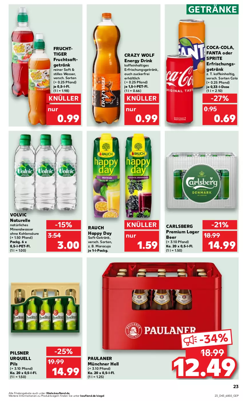 Aktueller Prospekt Kaufland - Prospekt - von 26.10 bis 01.11.2023 - strona 23 - produkty: Alwa, angebot, angebote, carlsberg, coca-cola, cola, drink, elle, energy drink, erfrischungsgetränk, fanta, fanta oder, fanta oder sprite, frucht, fruchtsaft, fruchtsaftgetränk, getränk, getränke, Happy Day, maracuja, mineralwasser, natur, natürliches mineralwasser, oder sprite, Paula, paulaner, pils, pilsner, pilsner urquell, Rauch, rel, saft, sprite, Ti, volvic, wasser, zucker