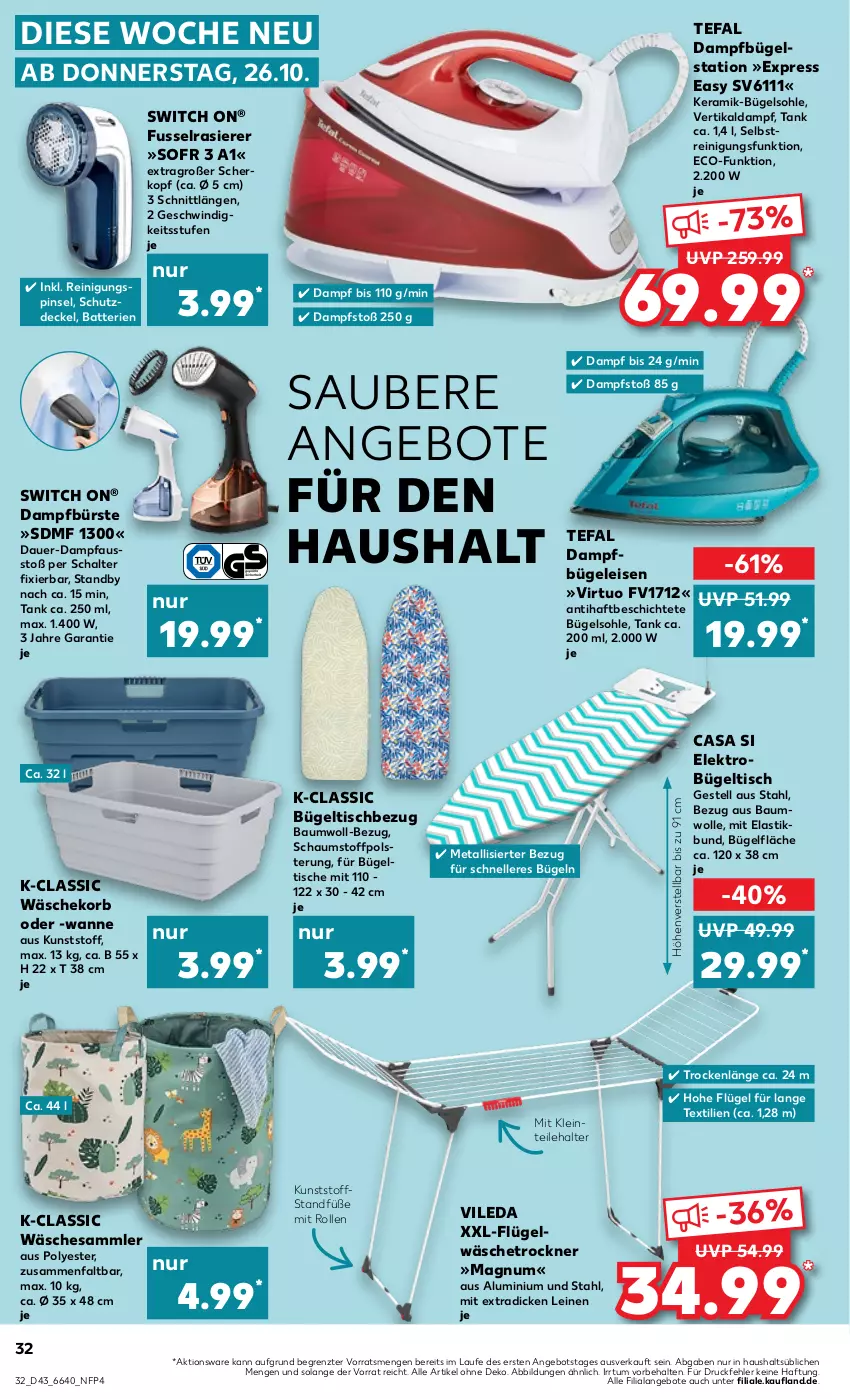 Aktueller Prospekt Kaufland - Prospekt - von 26.10 bis 01.11.2023 - strona 32 - produkty: angebot, angebote, asti, auer, batterie, batterien, Bau, baumwolle, bügel, Bügeleisen, Bügelstation, bügeltisch, bürste, dampfbügeleisen, dampfbügelstation, decke, Deckel, eis, Elektro, elle, korb, leine, magnum, Pfau, Pinsel, rasierer, Reinigung, Schal, tefal, Ti, tisch, Trockner, vileda, Wanne, wäschekorb, wäschetrockner, wolle, ZTE