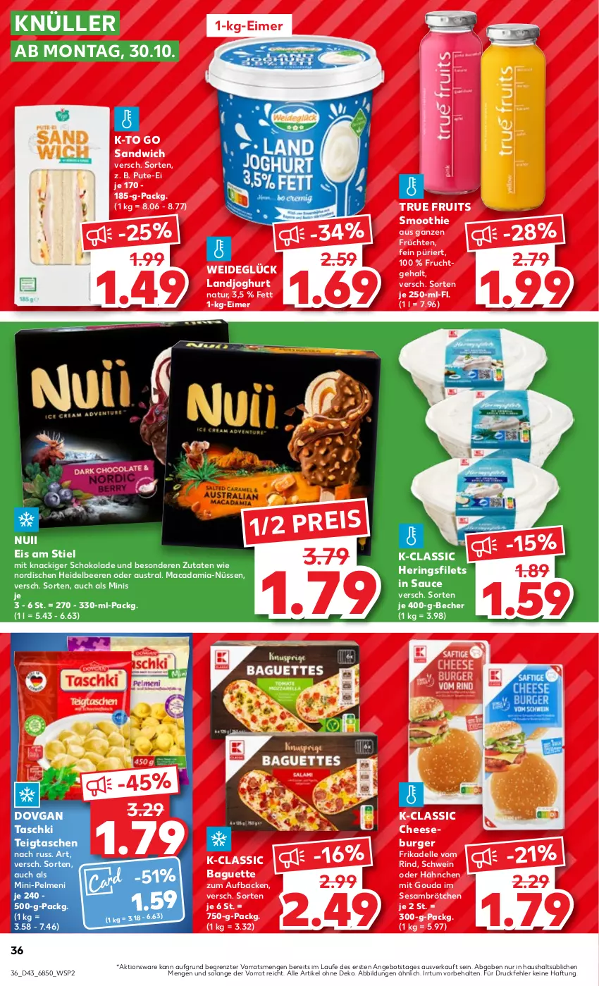 Aktueller Prospekt Kaufland - Prospekt - von 26.10 bis 01.11.2023 - strona 36 - produkty: angebot, aust, baguette, Becher, beere, beeren, brötchen, burger, dell, dovgan, eimer, eis, elle, filet, filets, frucht, früchte, früchten, gouda, heidelbeere, heidelbeeren, hering, Herings, heringsfilets, joghur, joghurt, landjoghurt, mac, macadamia, mit gouda, natur, nuii, pelmeni, pute, reis, rind, ring, sandwich, sauce, schoko, schokolade, schwein, sesam, smoothie, Tasche, taschen, taschki, Ti, true fruits, wein, ZTE