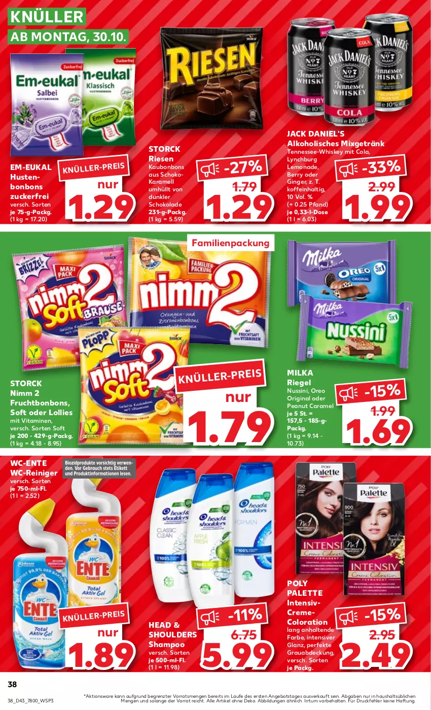 Aktueller Prospekt Kaufland - Prospekt - von 26.10 bis 01.11.2023 - strona 38 - produkty: alkohol, angebot, bonbons, caramel, cola, creme, eis, ente, frucht, getränk, gin, ginger, Hustenbonbons, jack daniel, jack daniel's, karamell, lemonade, milka, Mixgetränk, Nimm 2, nuss, oreo, Palette, reiniger, riegel, schoko, schokolade, shampoo, storck, Ti, vita, Vitamine, wc-reiniger, whiskey, ZTE, zucker