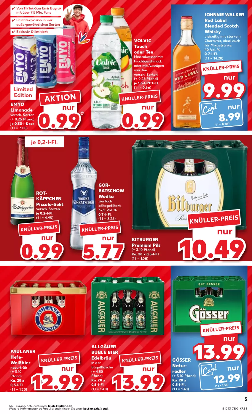 Aktueller Prospekt Kaufland - Prospekt - von 26.10 bis 01.11.2023 - strona 5 - produkty: Alwa, angebot, angebote, bier, bitburger, blended scotch, blended scotch whisky, bügel, bügelflasche, burger, eis, flasche, frucht, getränk, getränke, Gorbatschow, gorbatschow wodka, gösser, Hefe, johnnie walker, LG, limo, limonade, mac, mineralwasser, mit frucht, Mixgetränk, natur, Paula, paulaner, pils, premium pils, radler, rotkäppchen, scotch, scotch whisky, sekt, tee, Ti, volvic, wasser, whisky, wodka, Yo