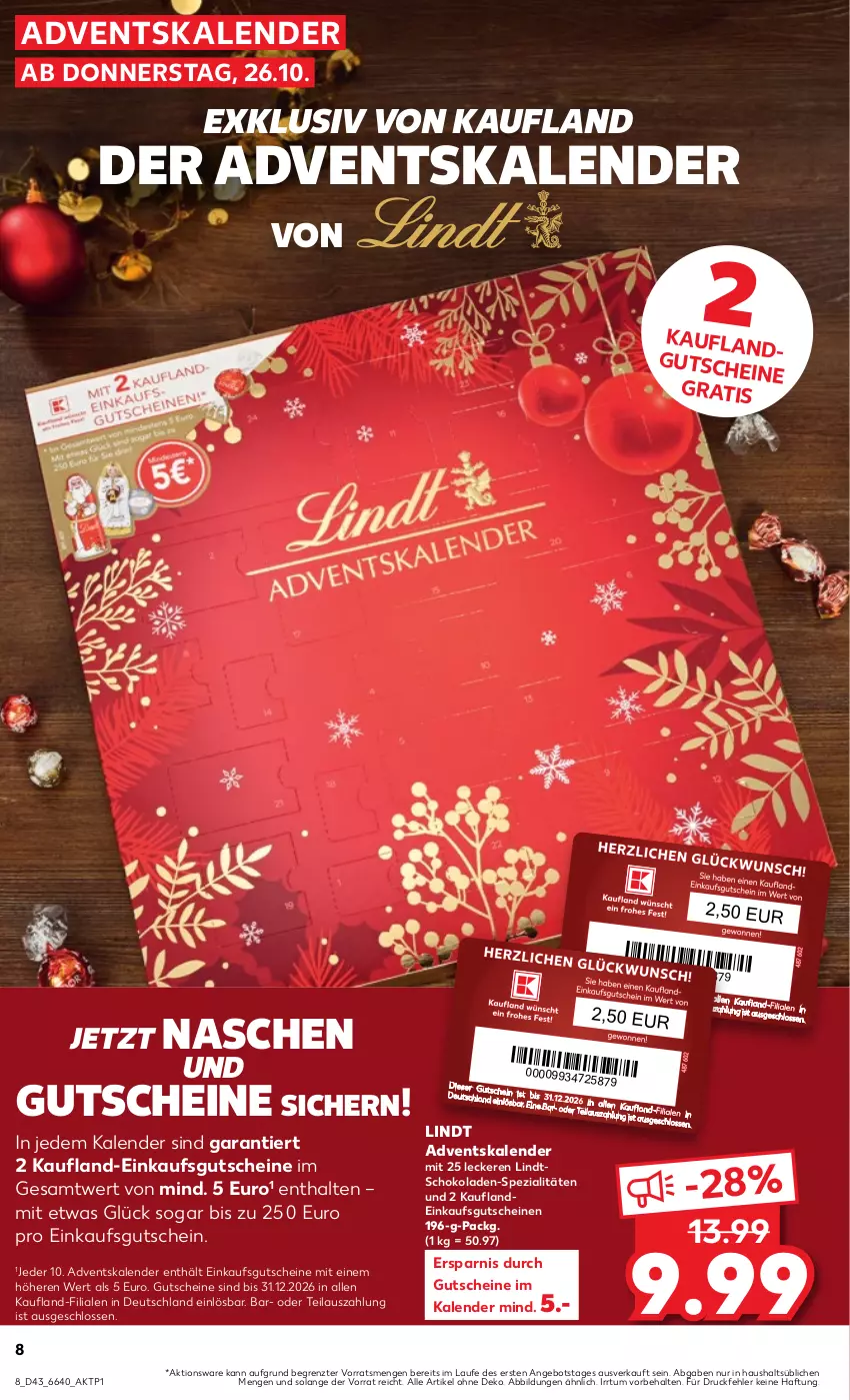 Aktueller Prospekt Kaufland - Prospekt - von 26.10 bis 01.11.2023 - strona 8 - produkty: Adventskalender, angebot, gutschein, gutscheine, lindt, schoko, schokolade, schokoladen, Spezi, Ti, ZTE