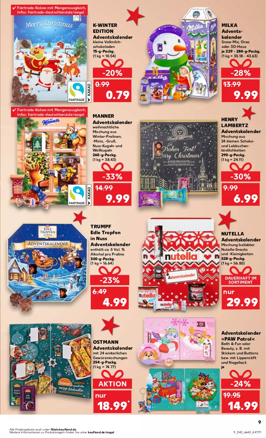 Aktueller Prospekt Kaufland - Prospekt - von 26.10 bis 01.11.2023 - strona 9 - produkty: Adventskalender, alkohol, Amber, angebot, angebote, auer, gewürz, Gewürzmischung, kakao, kuchen, Kugel, lack, lambertz, Lebkuchen, leine, Lippenstift, Manner, milch, milka, Nagellack, nuss, nutella, oreo, Paw Patrol, pralinen, rum, schoko, schokolade, schokoladen, snack, snacks, Ti, vollmilch