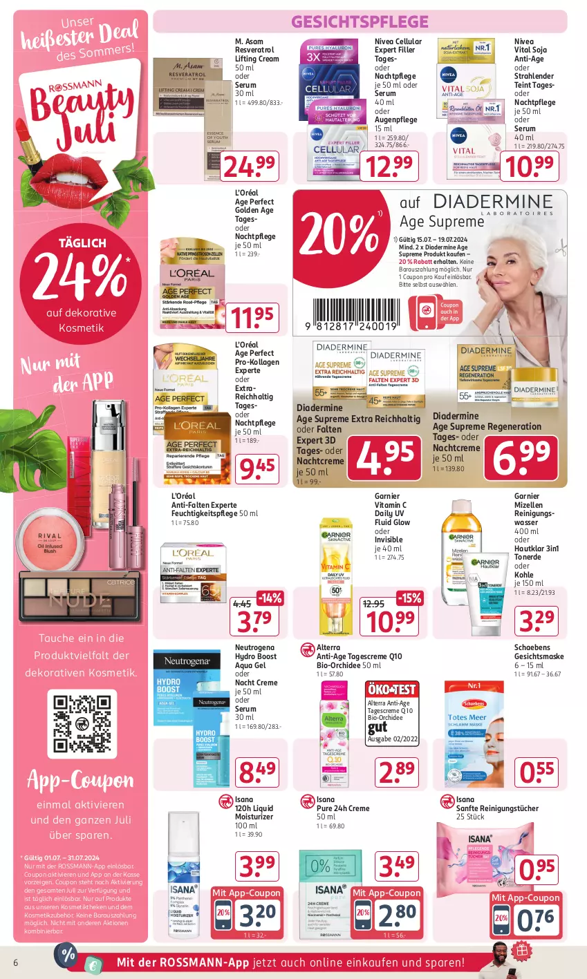 Aktueller Prospekt Rossmann - Prospekte - von 15.07 bis 19.07.2024 - strona 10 - produkty: alterra, anti-falten experte, aqua, Augenpflege, bio, coupon, creme, Diadermine, elle, erde, esrom, feuchtigkeitspflege, garnier, Gesichtsmaske, gesichtspflege, gsw, isana, Kollagen, kosmetik, Maske, mizellen, Mizellen Reinigungswasser, nachtcreme, nachtpflege, neutrogena, nivea, orchidee, Q10, Reinigung, reinigungstücher, rum, sana, Schaebens, Serum, soja, tagescreme, Ti, Toner, tücher, vita, Vitamin C, wasser