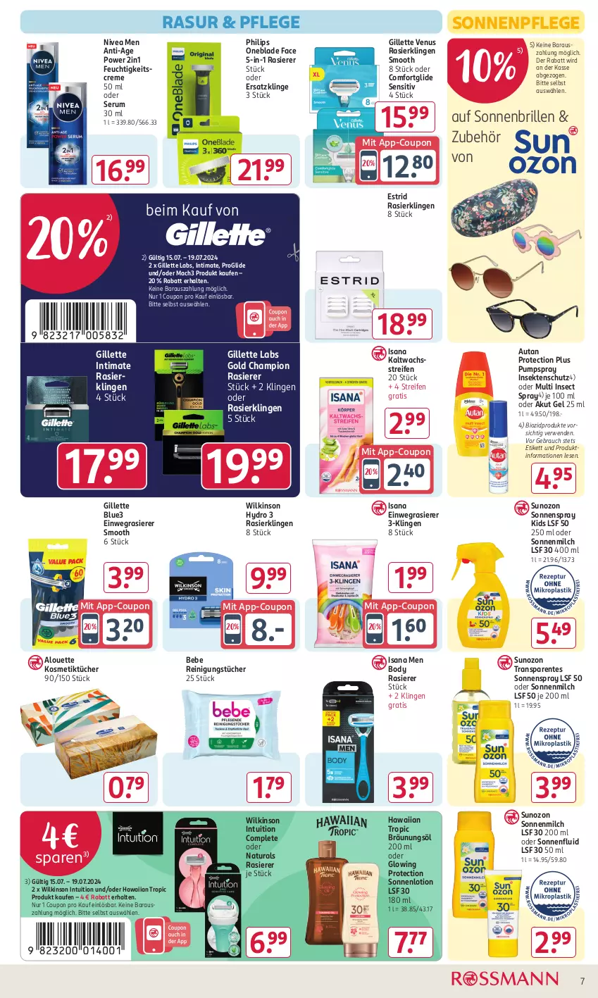 Aktueller Prospekt Rossmann - Prospekte - von 15.07 bis 19.07.2024 - strona 11 - produkty: alouette, Autan, Bebe, bio, biozidprodukte, body, Bräunungsöl, Brille, champion, coupon, creme, einwegrasierer, ente, feuchtigkeitscreme, gillette, gillette venus, insektenschutz, isana, kaltwachsstreifen, kosmetik, Kosmetiktücher, Lotion, mac, mach3, milch, natur, natura, nivea, Nivea Men, Philips, rasierer, Rasierklinge, rasierklingen, Rauch, reifen, Reinigung, reinigungstücher, rum, rwe, sana, sekt, Serum, sonnenbrille, sonnenmilch, sonnenspray, Ti, tücher, venus, wilkinson