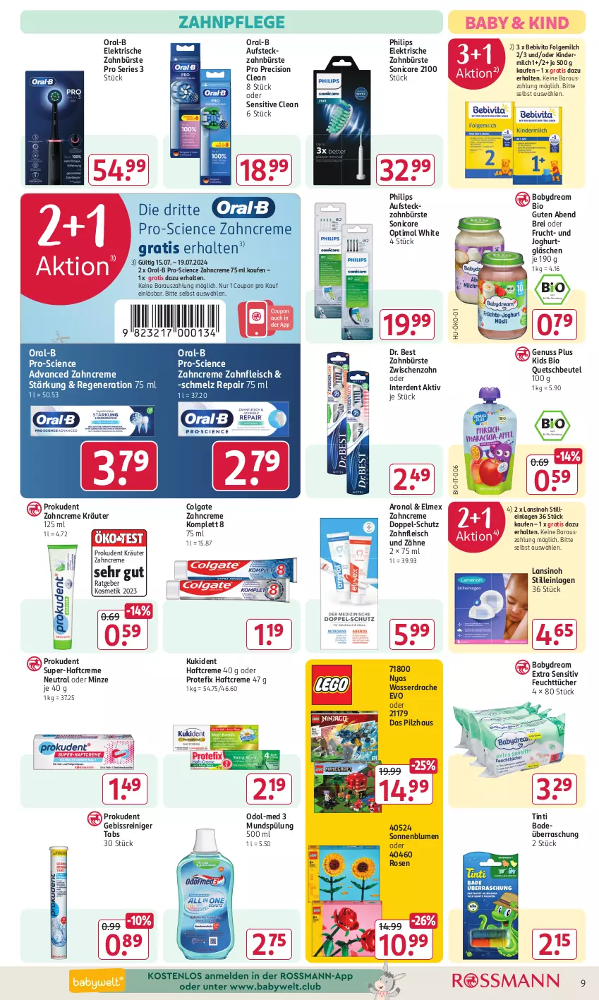 Aktueller Prospekt Rossmann - Prospekte - von 15.07 bis 19.07.2024 - strona 13 - produkty: babydream, Bad, bebivita, beutel, bio, blume, blumen, Brei, bürste, Cien, colgate, coupon, creme, Dr. Best, eis, elektrische zahnbürste, elmex, erde, feuchttücher, fleisch, folgemilch, frucht, Haftcreme, joghur, joghurt, Kinder, kindermilch, kosmetik, kräuter, Kukident, LG, milch, minze, mundspülung, nuss, Odol, Odol-med 3, oral-b, Philips, precision clean, Prokudent, quetschbeutel, reiniger, rosen, sonicare, sonnenblume, sonnenblumen, spülung, Ti, tücher, vita, wasser, zahnbürste, zahncreme