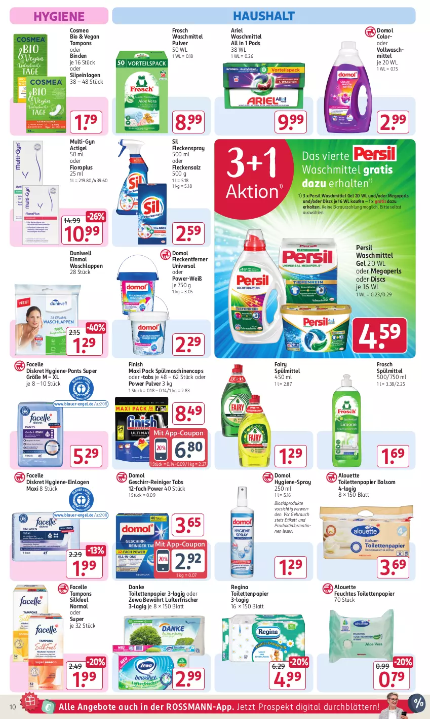 Aktueller Prospekt Rossmann - Prospekte - von 15.07 bis 19.07.2024 - strona 14 - produkty: alouette, angebot, angebote, ariel, ariel waschmittel, auer, balsam, binden, bio, biozidprodukte, Cap, cosmea, coupon, Domol, duni, Duniwell, Einmal Waschlappen, elle, Engel, Facelle, fairy, feuchtes toilettenpapier, Finish, fleckentferner, Frosch, geschirr, gin, Hygiene-Pants, lufterfrischer, megaperls, Pants, papier, persil, persil waschmittel, Pods, Rauch, reiniger, rwe, salz, slip, slipeinlagen, spülmaschinen, spülmittel, Tampon, tampons, Ti, toilettenpapier, vollwaschmittel, waschlappen, waschmittel, zewa