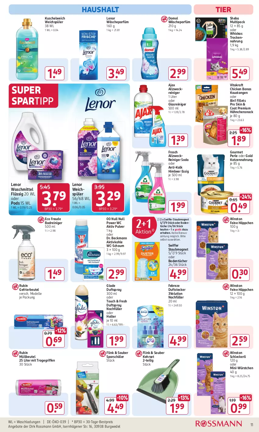 Aktueller Prospekt Rossmann - Prospekte - von 15.07 bis 19.07.2024 - strona 15 - produkty: ajax, allzweckreiniger, angebot, angebote, aust, Bad, bestpreis, beutel, Bodentücher, Bona, dell, Domol, Dr. Beckmann, Duftspray, eis, elle, essig, febreze, Frosch, gefrierbeutel, Glade, Glasreiniger, himbeer, katzennahrung, kraft, Kuschelweich, lenor, lenor waschmittel, lenor weichspüler, Mini-Würstchen, Mode, müllbeutel, Pods, reiniger, reis, Rubin, sheba, snack, Soda, spartipp, staubmagnet, swiffer, Ti, tragegriff, Trockennahrung, tücher, vita, vitakraft, wäscheparfüm, waschmittel, weck, wedel, weichspüler, whiskas, würstchen