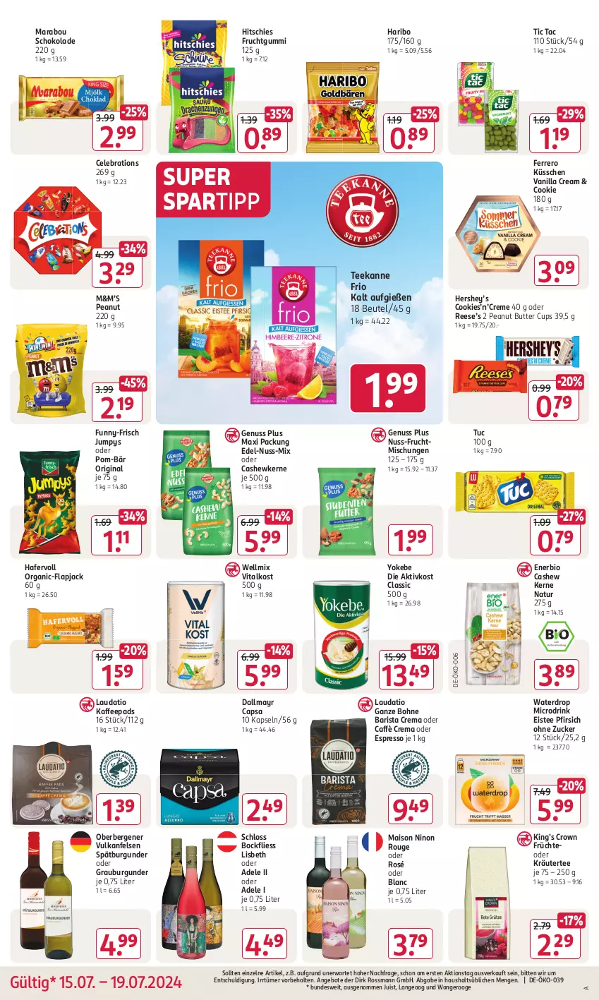 Aktueller Prospekt Rossmann - Prospekte - von 15.07 bis 19.07.2024 - strona 16 - produkty: angebot, angebote, beutel, bio, bohne, burgunder, butter, caffè crema, Cap, Cashew, cashewkerne, cookie, cookies, creme, dallmayr, dallmayr capsa, drink, eis, eistee, espresso, ferrero, Ferrero Küsschen, frucht, früchte, fruchtgummi, funny-frisch, gin, grauburgunder, hafer, haribo, kaffee, kaffeepads, kräuter, mais, Marabou, natur, nuss, oder espresso, oder kräuter, peanut butter, pfirsich, pom-bär, rouge, schoko, schokolade, spartipp, spätburgunder, tee, teekanne, Ti, tuc, vita, Yo, Yokebe, zucker