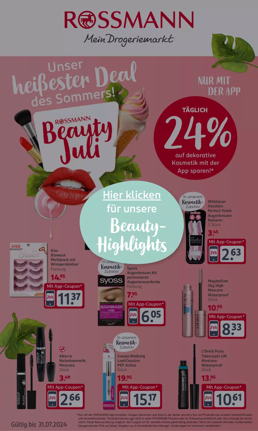 Aktueller Prospekt Rossmann - Prospekte - von 15.07 bis 19.07.2024 - strona 19 - produkty: alterra, coupon, ente, Finish, kleber, kosmetik, Mascara, Maybelline, natur, naturkosmetik, Palette, rasierer, syoss, Ti, velvet, wilkinson, Yo