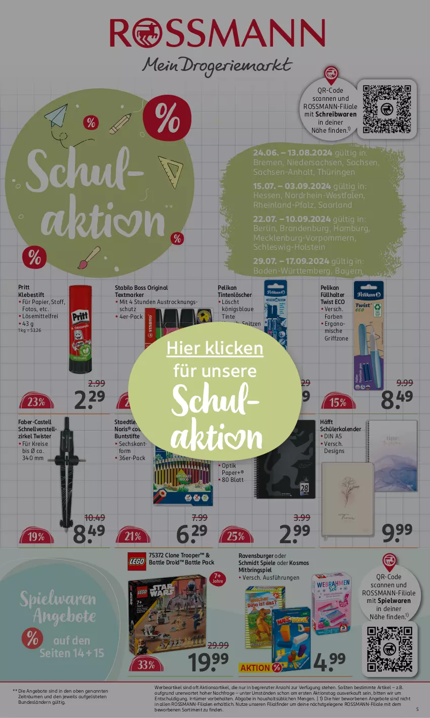 Aktueller Prospekt Rossmann - Prospekte - von 15.07 bis 19.07.2024 - strona 21 - produkty: angebot, angebote, arla, aust, Bad, boss, buntstifte, burger, collegeblock, din a4, eis, Füllhalter, gin, papier, pelikan, pritt, ravensburger, reis, ring, sac, schreibwaren, Spiele, spielwaren, stabilo, staedtler, stifte, textmarker, Ti, Tintenlöscher, ZTE