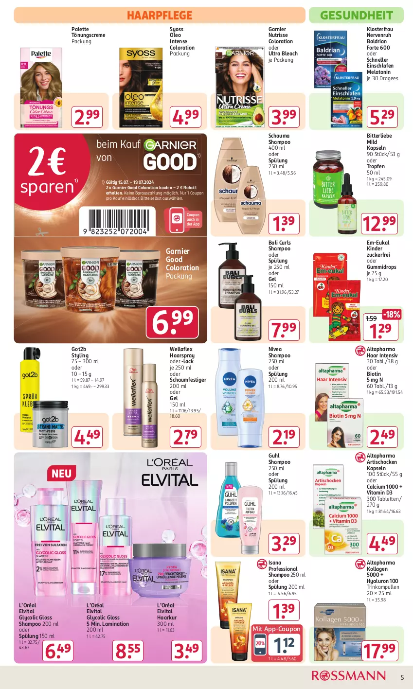 Aktueller Prospekt Rossmann - Prospekte - von 15.07 bis 19.07.2024 - strona 7 - produkty: Altapharma, Artischocken, bio, Calcium, coupon, creme, elle, elvital, garnier, Gesundheit, got2b, Guhl, haarpflege, haarspray, hyaluron, isana, Kinder, Kollagen, lack, laminat, nivea, Nutrisse, oder schaumfestiger, Palette, Ria, sana, schauma, schauma shampoo, schaumfestiger, shampoo, shampoo 250 ml, shampoo oder spülung, spülung, spülung 200 ml, syoss, tablet, tablett, Tablette, Ti, tisch, vita, Vitamin D, Wella, wellaflex, Yo, zucker