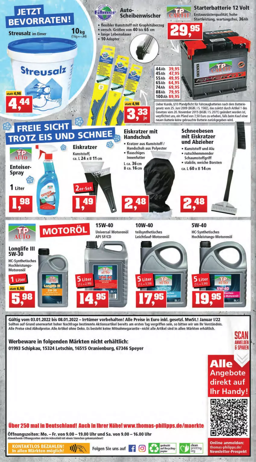 Aktueller Prospekt Thomas Philipps - Prospektwerbung - von 03.01 bis 08.01.2022 - strona 12 - produkty: abholpreise, adapter, alle preise sind abholpreise, angebot, angebote, auer, auto, batterie, batterien, eis, Eiskratzer, ente, LG, longlife, motorenöl, papier, Rauch, reis, Schneebesen, speyer, tee, Ti, tisch, uhr