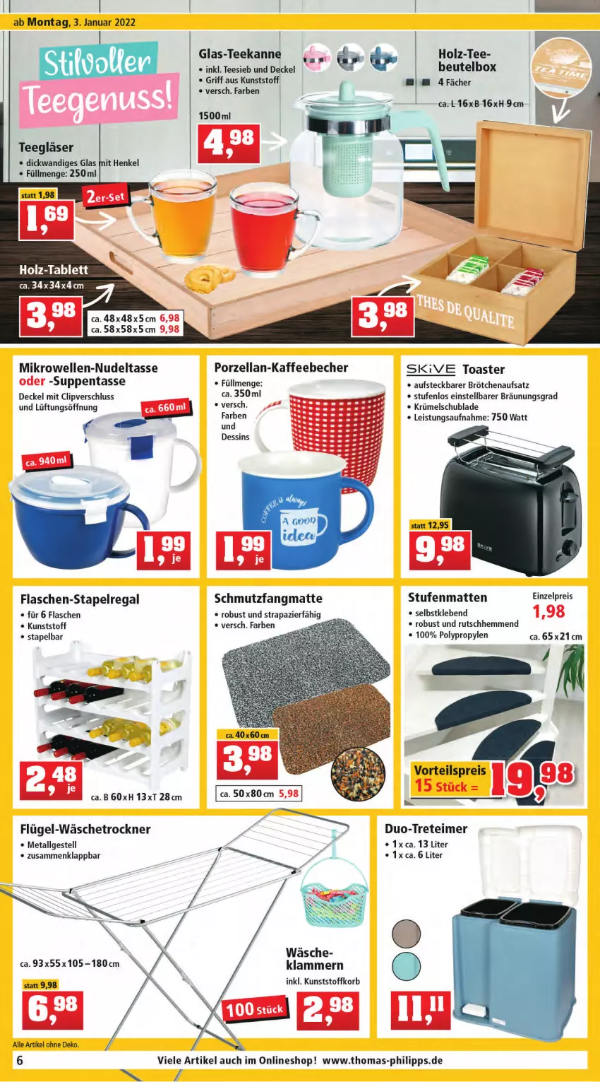 Aktueller Prospekt Thomas Philipps - Prospektwerbung - von 03.01 bis 08.01.2022 - strona 6 - produkty: Becher, beutel, brötchen, brötchenaufsatz, decke, Deckel, eimer, eis, elle, flasche, Gläser, Holz, kaffee, kaffeebecher, Klammern, korb, lamm, LG, mikrowelle, nudel, regal, reis, schmutzfangmatte, Stufenmatten, suppe, suppen, tablet, tablett, tasse, tee, Ti, toast, toaster, treteimer, Trockner, vorteilspreis, wäschetrockner