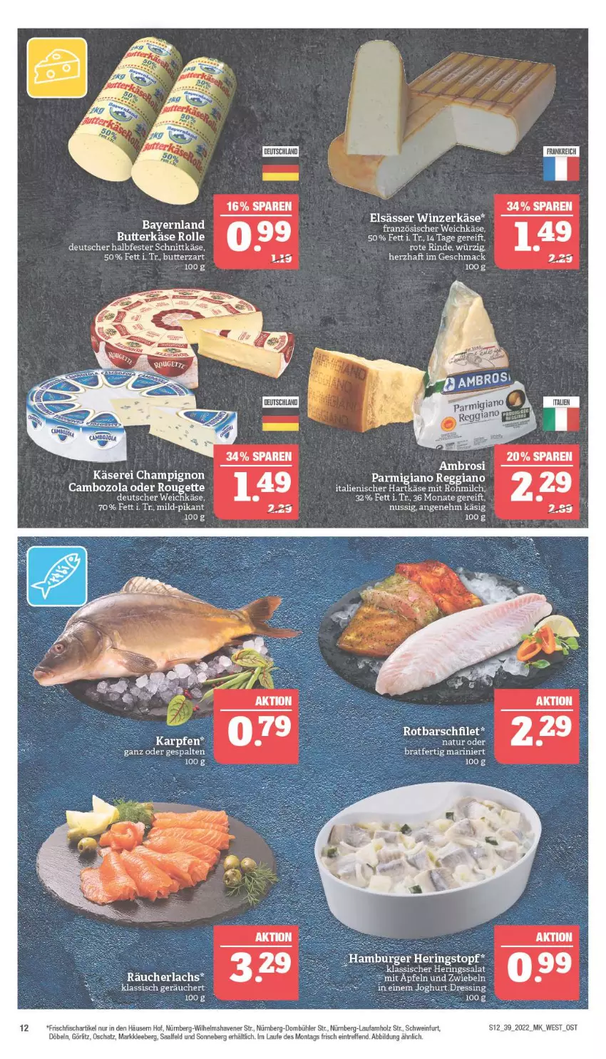 Aktueller Prospekt Marktkauf - Prospekt - von 25.09 bis 01.10.2022 - strona 12 - produkty: burger, butter, butterkäse, cambozola, champignon, deutscher weichkäse, filet, fisch, französischer weichkäse, frischfisch, hering, Herings, Holz, joghur, joghurt, Käse, mac, milch, natur, nuss, rind, ring, Rotbarsch, rotbarschfilet, salat, schwein, Ti, topf, weichkäse, wein