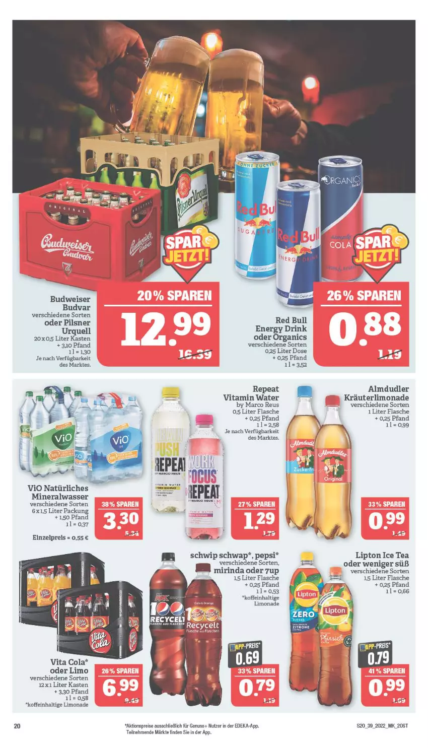 Aktueller Prospekt Marktkauf - Prospekt - von 25.09 bis 01.10.2022 - strona 20 - produkty: 7UP, aktionspreis, almdudler, Alwa, budweiser, cola, deka, drink, eis, energy drink, flasche, ice tea, kräuter, limo, limonade, lipton, lipton ice tea, mineralwasser, Mirinda, nuss, pepsi, pils, pilsner, red bull, reis, rind, Ti, vita, Vita C, wasser