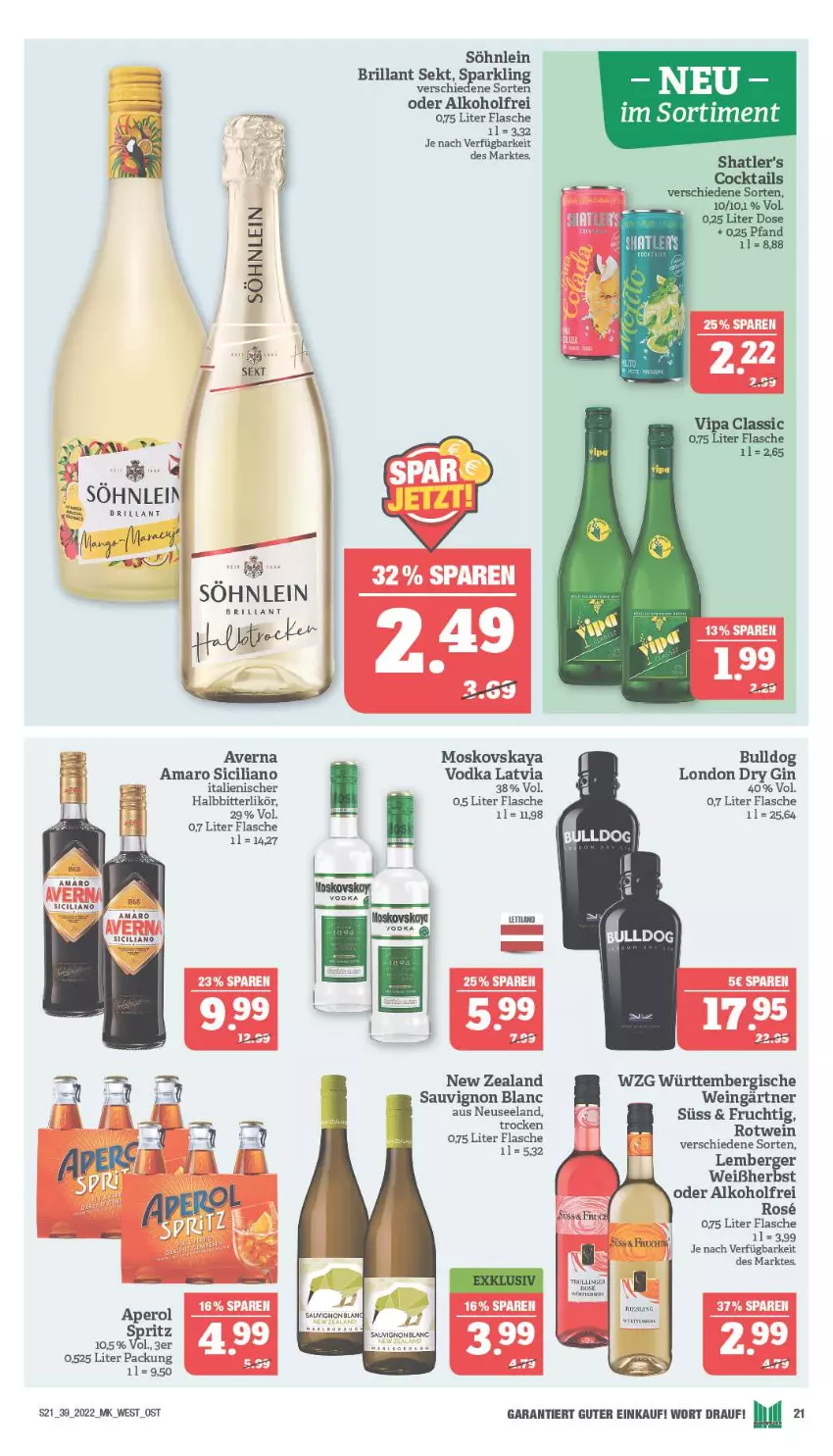 Aktueller Prospekt Marktkauf - Prospekt - von 25.09 bis 01.10.2022 - strona 21 - produkty: alkohol, amaro, aperol, averna, Berger, brillant sekt, Bulldog, dry gin, Elan, flasche, frucht, gin, likör, london dry, london dry gin, moskovskaya, rotwein, sauvignon, sauvignon blanc, sekt, söhnlein, söhnlein brillant, Ti, vodka, wein