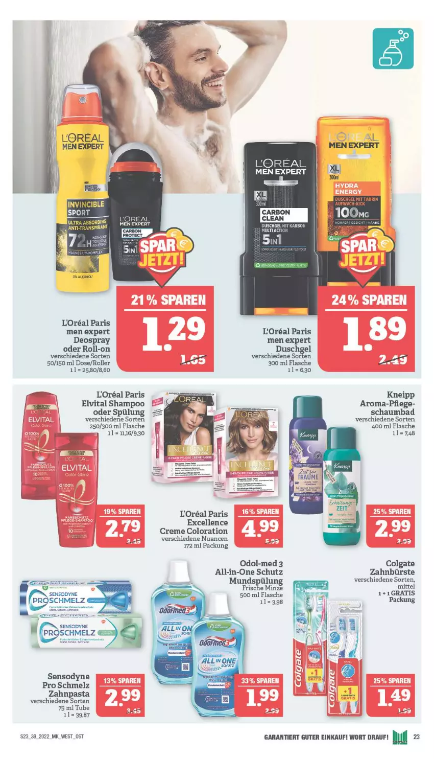 Aktueller Prospekt Marktkauf - Prospekt - von 25.09 bis 01.10.2022 - strona 23 - produkty: Bad, bürste, colgate, creme, deo, deospray, duschgel, elle, elvital, flasche, kneipp, LG, loreal, minze, mundspülung, Nuance, Odol, Odol-med 3, pasta, roll-on, Roller, schaumbad, sensodyne, shampoo, spülung, Ti, vita, zahnbürste, zahnpasta