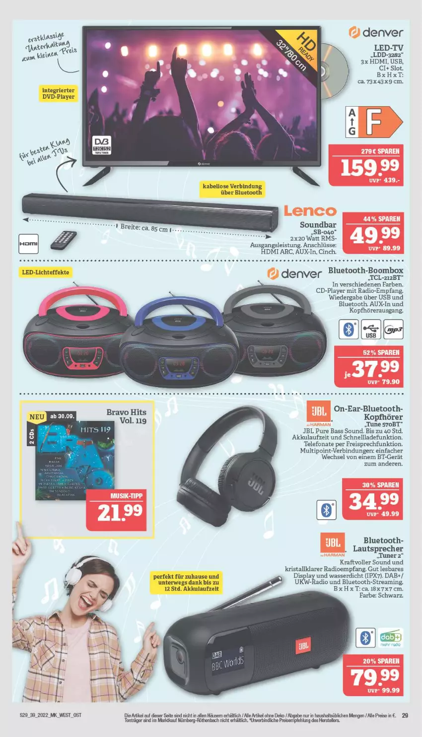 Aktueller Prospekt Marktkauf - Prospekt - von 25.09 bis 01.10.2022 - strona 29 - produkty: akku, Bravo, Brei, cin, dvd, eis, elle, HDMI, jbl, kopfhörer, kraft, lautsprecher, led-licht, leine, Radio, reis, rwe, schnellladefunktion, soundbar, telefon, teller, Ti, tuner, usb, wasser