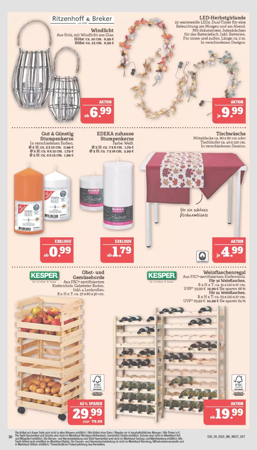 Aktueller Prospekt Marktkauf - Prospekt - von 25.09 bis 01.10.2022 - strona 30 - produkty: batterie, batterien, beleuchtung, decke, deka, eis, ente, flasche, Girlande, Holz, kerze, latte, Läufer, leds, mitteldecke, obst, regal, reis, Ti, timer, tisch, tischläufer, Tischwäsche, wein, windlicht