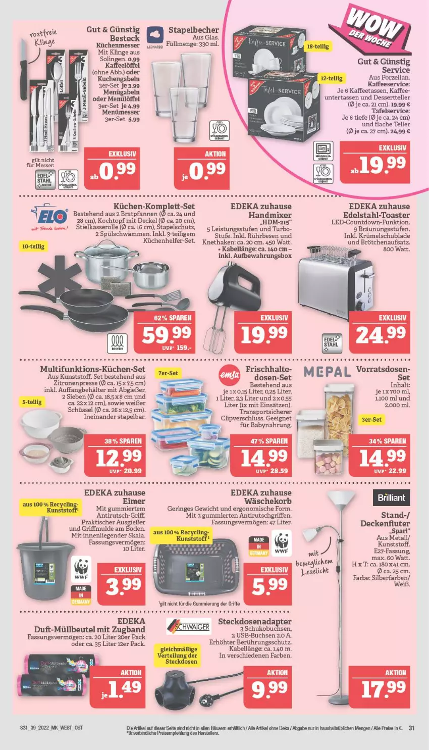 Aktueller Prospekt Marktkauf - Prospekt - von 25.09 bis 01.10.2022 - strona 31 - produkty: adapter, aufbewahrungsbox, Babynahrung, Becher, Behälter, besteck, beutel, bratpfanne, brötchen, brötchenaufsatz, buch, decke, Deckel, deka, dessert, Dessertteller, edelstahl, eimer, eis, elle, gabel, handmixer, kaffee, Kaffeetassen, Kochtopf, korb, küche, Küchen, kuchen, Küchenhelfer, Liege, Löffel, messer, Mixer, müllbeutel, pfanne, pfannen, reis, ring, schüssel, Sport, steckdose, Steckdosenadapter, stielkasserolle, tasse, tee, teller, Ti, tisch, toast, toaster, topf, uhr, usb, wäschekorb, zitrone, zitronen