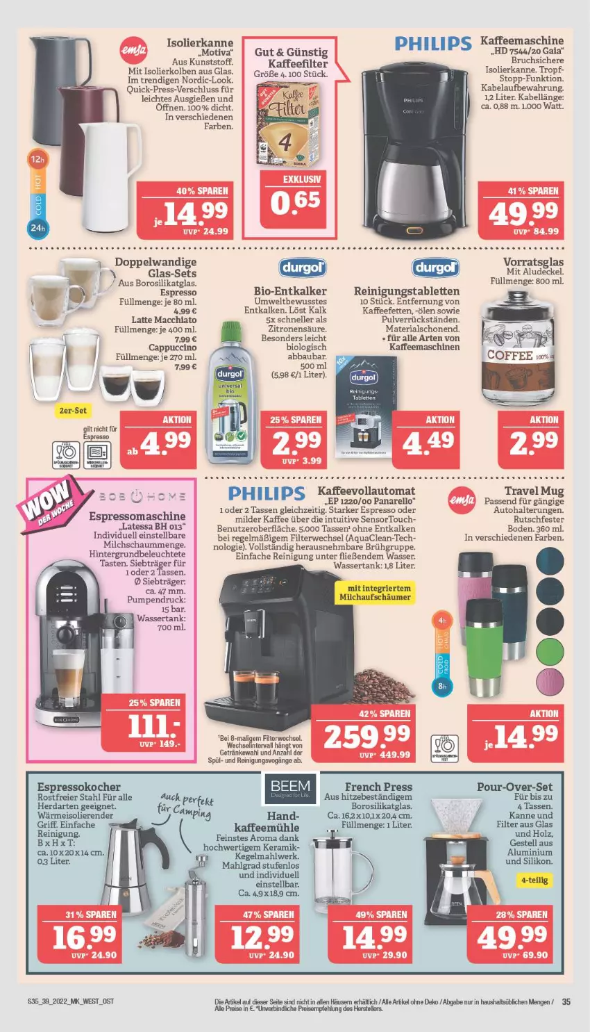 Aktueller Prospekt Marktkauf - Prospekt - von 25.09 bis 01.10.2022 - strona 35 - produkty: Abba, ACC, aqua, auto, Bau, bio, Cap, cappuccino, chia, cin, decke, Deckel, eis, elle, entkalker, espresso, espresso oder, Espressokocher, getränk, getränke, Holz, isolierkanne, kaffee, kaffeemaschine, Kaffeemühle, kaffeevollautomat, Kocher, latte, latte macchiato, Leuchte, LG, mac, macchiato, milch, milchaufschäumer, Philips, Reinigung, reis, rel, Ria, rwe, tablet, tablett, Tablette, tasse, teller, Ti, travel mug, wasser, wassertank, zitrone, zitronen