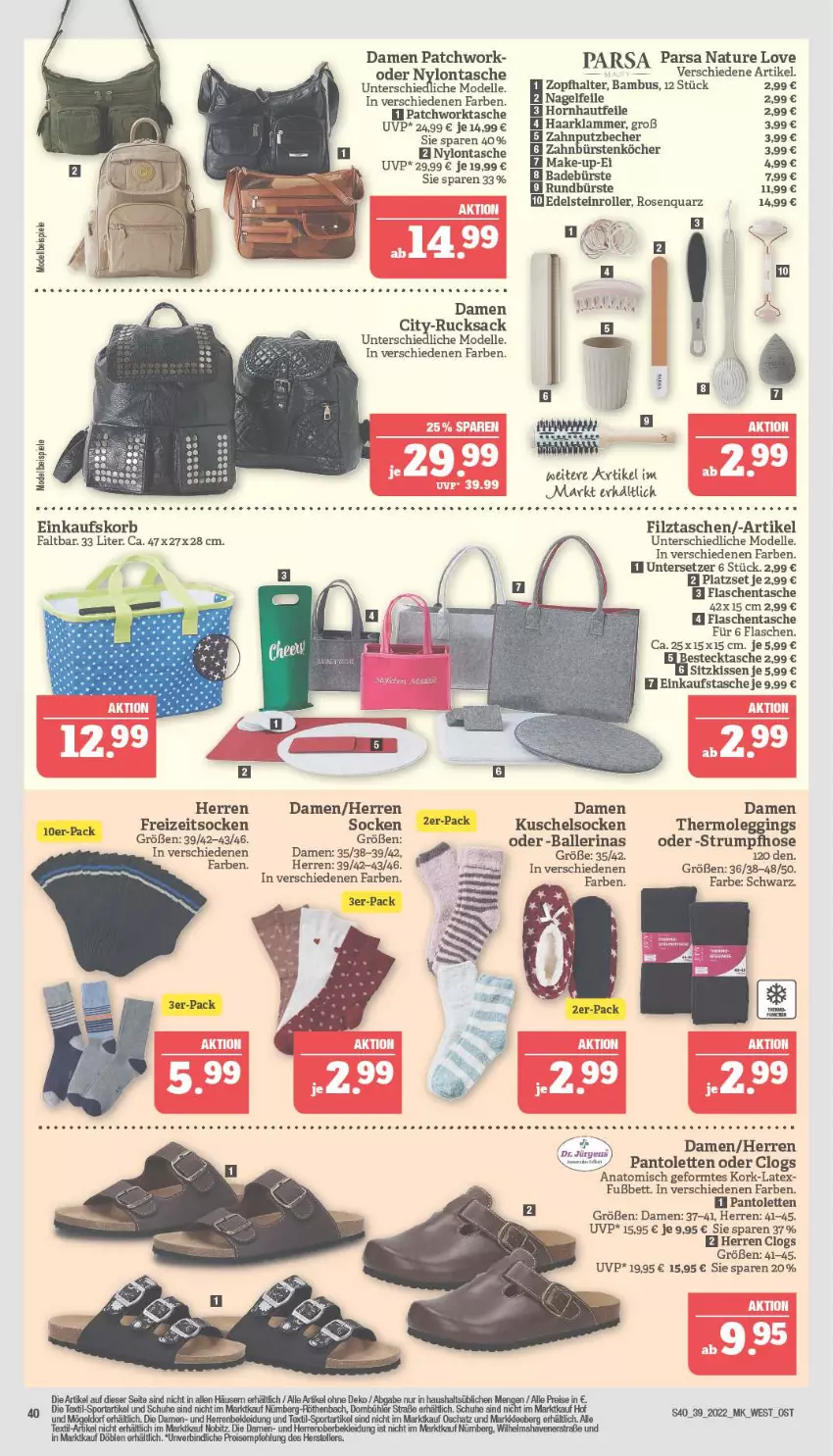 Aktueller Prospekt Marktkauf - Prospekt - von 25.09 bis 01.10.2022 - strona 40 - produkty: ball, Ballerinas, bambus, Becher, besteck, bett, bürste, bürsten, Clogs, dell, einkaufskorb, Einkaufstasche, eis, elle, ente, flasche, Freizeitsocken, gin, hose, kissen, kleid, Kleidung, korb, Kuschelsocken, lamm, leggings, Mode, Nagelfeile, natur, pantolette, pantoletten, reis, Roller, rosen, rucksack, rum, Rundbürste, sac, sitzkissen, socken, Strumpfhose, Tasche, taschen, Thermoleggings, Ti, Untersetzer, zahnbürste, zahnbürsten