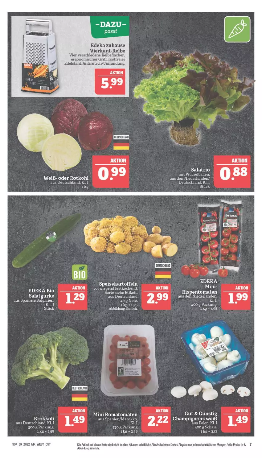 Aktueller Prospekt Marktkauf - Prospekt - von 25.09 bis 01.10.2022 - strona 7 - produkty: ball, bio, brokkoli, champignon, champignons, deka, edeka bio, edelstahl, eier, eis, ente, fenster, gurke, kartoffel, kartoffeln, LG, reis, rispentomaten, rotkohl, salat, Salatgurke, Schal, Schale, speisekartoffeln, Ti, tomate, tomaten