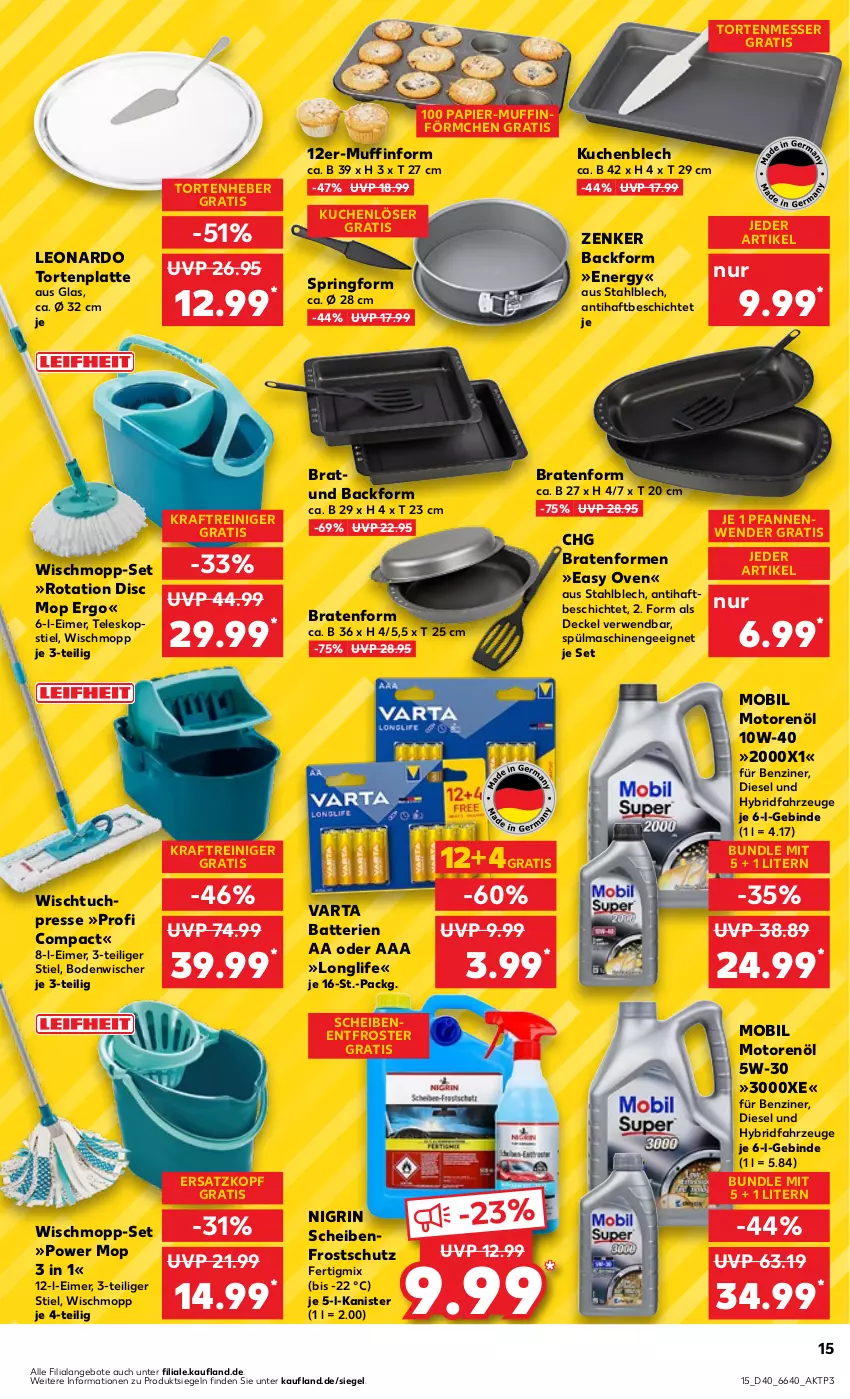 Aktueller Prospekt Kaufland - Prospekt - von 05.10 bis 11.10.2023 - strona 15 - produkty: angebot, angebote, Backform, batterie, batterien, bodenwischer, braten, decke, Deckel, Diesel, eimer, HP, kraft, kuchen, latte, leonardo, longlife, messer, motorenöl, Muffin, Muffinform, Nigrin, papier, pfanne, pfannen, Pfannenwender, reiniger, ring, rwe, Scheibenfrostschutz, Springform, spülmaschinen, Teleskop, teleskopstiel, Ti, torte, tuc, varta, Wischmopp, Wischtuchpresse